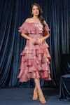 Buy_B'Infinite_Pink Organza Embroidery Off-shoulder Ruffled Off Midi Dress _at_Aza_Fashions