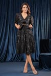 Buy_B'Infinite_Black Sequinnned Lycra Embroidery V Neck Eclipse Dazzling Tiered Dress _at_Aza_Fashions