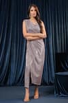 B'Infinite_Silver Shiny Lycra Embroidery Shimmer V Neck Mercury Dress _Online_at_Aza_Fashions