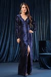 Buy_B'Infinite_Blue Velvet Embroidery Sequin Notched Allure Work Gown _Online_at_Aza_Fashions