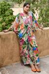 Buy_Nimbu Mirchi_Peach Crepe Floral V Neck Knot Kaftan With Broad Pant  _at_Aza_Fashions