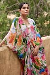 Nimbu Mirchi_Peach Crepe Floral V Neck Knot Kaftan With Broad Pant  _Online_at_Aza_Fashions