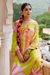 Nimbu Mirchi_Green Crepe Printed Floral V Neck Asymmetric Kurta And Pant Set  _at_Aza_Fashions