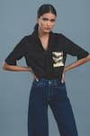 Shop_Pallavi Swadi_Black Cotton Satin Cut Work Collared Embellished Pocket Shirt _at_Aza_Fashions