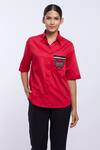 Buy_Pallavi Swadi_Red Cotton Satin Embroidery Collared Butterfly Pattern Placement Shirt_at_Aza_Fashions