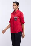 Pallavi Swadi_Red Cotton Satin Embroidery Collared Butterfly Pattern Placement Shirt_Online_at_Aza_Fashions