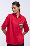 Shop_Pallavi Swadi_Red Cotton Satin Embroidery Collared Butterfly Pattern Placement Shirt_Online_at_Aza_Fashions