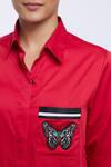 Pallavi Swadi_Red Cotton Satin Embroidery Collared Butterfly Pattern Placement Shirt_at_Aza_Fashions