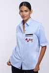 Buy_PALLAVI SWADI_Sky Blue Cotton Satin Embroidered Letters Shirt Collar Thread  _Online_at_Aza_Fashions