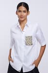 Shop_Pallavi Swadi_White Cotton Satin Pearls, Rhinestones Shawl Neck Patchwork Shirt _Online_at_Aza_Fashions