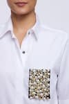 Pallavi Swadi_White Cotton Satin Pearls, Rhinestones Shawl Neck Patchwork Shirt _at_Aza_Fashions