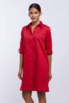 PALLAVI SWADI_Red Cotton Satin Solid Collar Front Buttoned Shirt Dress  _Online_at_Aza_Fashions