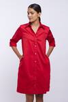 Buy_PALLAVI SWADI_Red Cotton Satin Solid Collar Front Buttoned Shirt Dress  _Online_at_Aza_Fashions