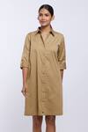 PALLAVI SWADI_Beige Cotton Satin Solid Collar Plain Front Buttoned Shirt Dress _Online_at_Aza_Fashions