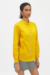 PALLAVI SWADI_Yellow Cotton Satin Hand Embroidered Swarovski Button Shirt  _Online_at_Aza_Fashions