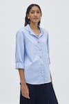 PALLAVI SWADI_Blue Cotton Satin Hand Embroidered Swarovski Collar Button Shirt  _Online_at_Aza_Fashions