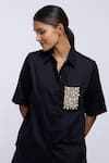 Buy_PALLAVI SWADI_Black Cotton Satin Hand Embroidered Pearls Collar Pocket Shirt And Shorts Set _Online_at_Aza_Fashions