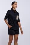 Shop_PALLAVI SWADI_Black Cotton Satin Hand Embroidered Pearls Collar Pocket Shirt And Shorts Set _Online_at_Aza_Fashions