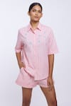 Buy_PALLAVI SWADI_Peach Cotton Satin Hand Embroidered Thread Striped Pattern Shirt And Shorts Set 