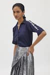 Buy_PALLAVI SWADI_Blue Cotton Satin Hand Embellished Swarovski Flower Ribbon Shirt  _Online_at_Aza_Fashions