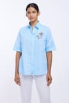 Buy_PALLAVI SWADI_Blue Cotton Satin Embroidered Stripe Shirt Collar Swaroski Embellished _at_Aza_Fashions