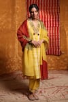 Buy_Shivani Bhargava_Yellow Handloom Chanderi Tie Dye V Neck Straight Kurta Pant Set _at_Aza_Fashions