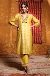 Shop_Shivani Bhargava_Yellow Handloom Chanderi Tie Dye V Neck Straight Kurta Pant Set _Online_at_Aza_Fashions