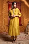 Buy_Shivani Bhargava_Yellow Handloom Chanderi Hand Embroidered Tribal Round Placket Kurta _at_Aza_Fashions