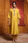 Buy_Shivani Bhargava_Yellow Handloom Chanderi Hand Embroidered Tribal Round Placket Kurta _Online_at_Aza_Fashions
