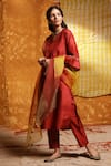 Shop_Shivani Bhargava_Maroon Silk, Handloom Cotton Embroidery, Tassels Pintucked Choga Kurta Set _Online_at_Aza_Fashions