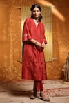 Shivani Bhargava_Maroon Silk, Handloom Cotton Embroidery, Tassels Pintucked Choga Kurta Set _at_Aza_Fashions