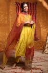 Buy_Shivani Bhargava_Yellow Silk Embroidery, Tassels V-neck Handloom Pintucked Choga Kurta Pant Set _at_Aza_Fashions