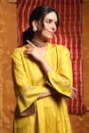 Shop_Shivani Bhargava_Yellow Silk Embroidery, Tassels V-neck Handloom Pintucked Choga Kurta Pant Set _Online_at_Aza_Fashions
