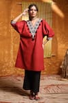 Buy_Shivani Bhargava_Maroon Cotton Embroidered Tribal V Neck Short Tunic And Pant Set _at_Aza_Fashions