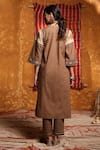 Shop_Shivani Bhargava_Brown Cotton Embroidery Thread Notched Tie Dye Patchwork Kurta And Pant Set _at_Aza_Fashions