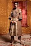 Shivani Bhargava_Brown Cotton Embroidery Thread Notched Tie Dye Patchwork Kurta And Pant Set _Online_at_Aza_Fashions