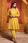 Buy_Shivani Bhargava_Yellow Handloom Chanderi Embroidered Thread And Applique Work Gathered Anarkali _at_Aza_Fashions