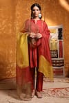 Buy_Shivani Bhargava_Maroon Handloom Silk Embroidered Thread Notched Round Neck Gathered Kurta Set _at_Aza_Fashions