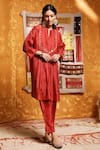 Shivani Bhargava_Maroon Handloom Silk Embroidered Thread Notched Round Neck Gathered Kurta Set _Online_at_Aza_Fashions