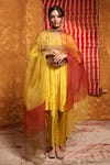 Buy_Shivani Bhargava_Yellow Handloom Silk Embroidered Thread Notched Round Gathered Kurta Pant Set _at_Aza_Fashions