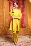 Buy_Shivani Bhargava_Yellow Handloom Silk Embroidered Thread Notched Round Gathered Kurta Pant Set _Online_at_Aza_Fashions