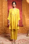 Shivani Bhargava_Yellow Handloom Silk Embroidered Thread Notched Round Gathered Kurta Pant Set _at_Aza_Fashions