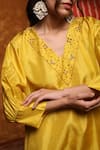 Shop_Shivani Bhargava_Yellow Handloom Silk Embroidered Thread V Neck Kurta And Pant Set _Online_at_Aza_Fashions