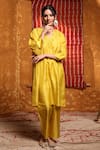 Buy_Shivani Bhargava_Yellow Handloom Cotton Embroidery, Beads Round Neck Silk Puff Sleeve Kurta _at_Aza_Fashions