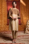 Buy_Shivani Bhargava_Brown Handloom Silk Dyed And Embroidered Shell Round Ombre Kimono Kurta & Pant Set _at_Aza_Fashions