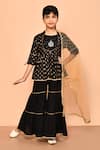 Buy_Samyukta Singhania_Black Rayon Slub Printed And Embellished Floral & Peplum Kurta Sharara Set _at_Aza_Fashions