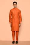 Shop_Aryavir Malhotra_Orange Kurta And Pant Silk Woven Jacquard Bundi With Set _Online_at_Aza_Fashions