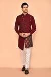 Buy_Aryavir Malhotra_Maroon Sherwani Crepe Embroidered Linear Cutdana Set_at_Aza_Fashions