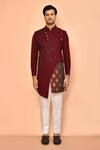 Shop_Aryavir Malhotra_Maroon Sherwani Crepe Embroidered Linear Cutdana Set_Online_at_Aza_Fashions
