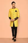 Buy_Aryavir Malhotra_Yellow Sherwani Jacquard Printed Floral Placement Set _at_Aza_Fashions